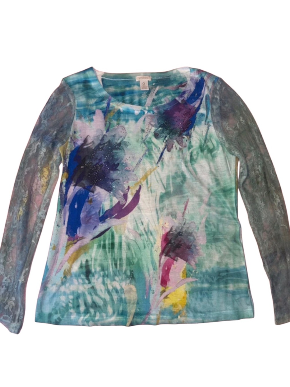 Chico's Watercolor Floral Long-Sleeve Tee in Teal, Blue and Purple